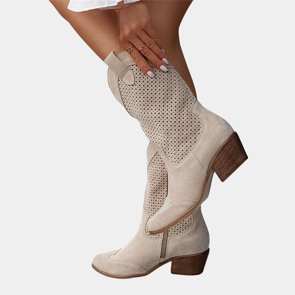 Western Suede Cowgirl Boots | Breathable Perforated Design